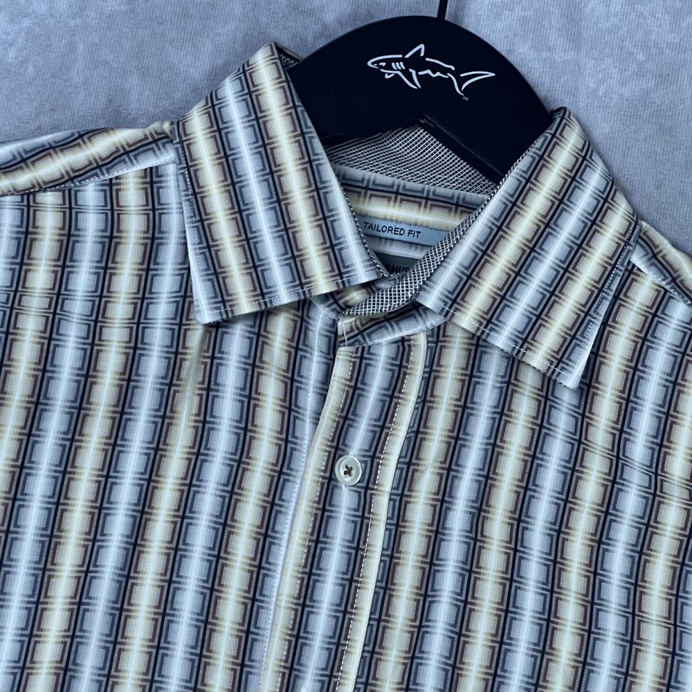 Johnston & Murphy Mens M Tailored Fit Geometric Square Stripe Cotton Shirt Brown